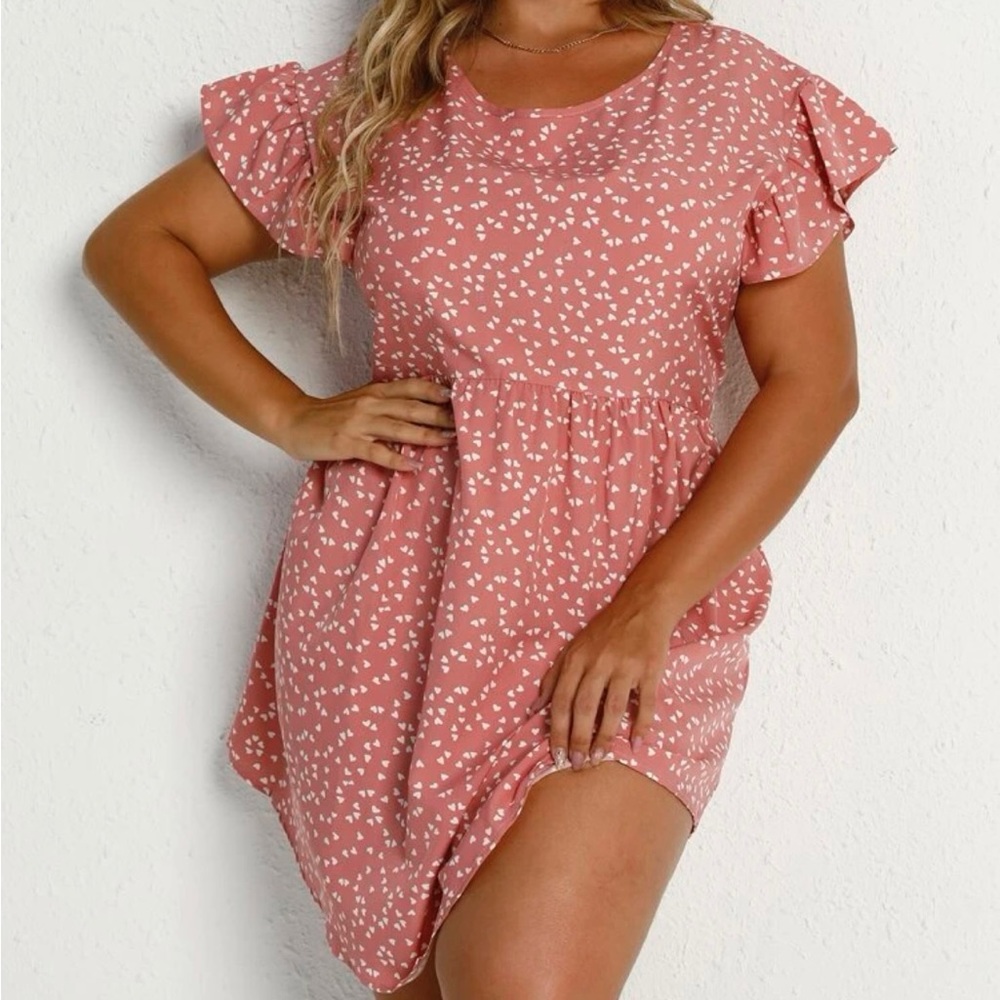All over Heart Print Ruffle Trim Dress